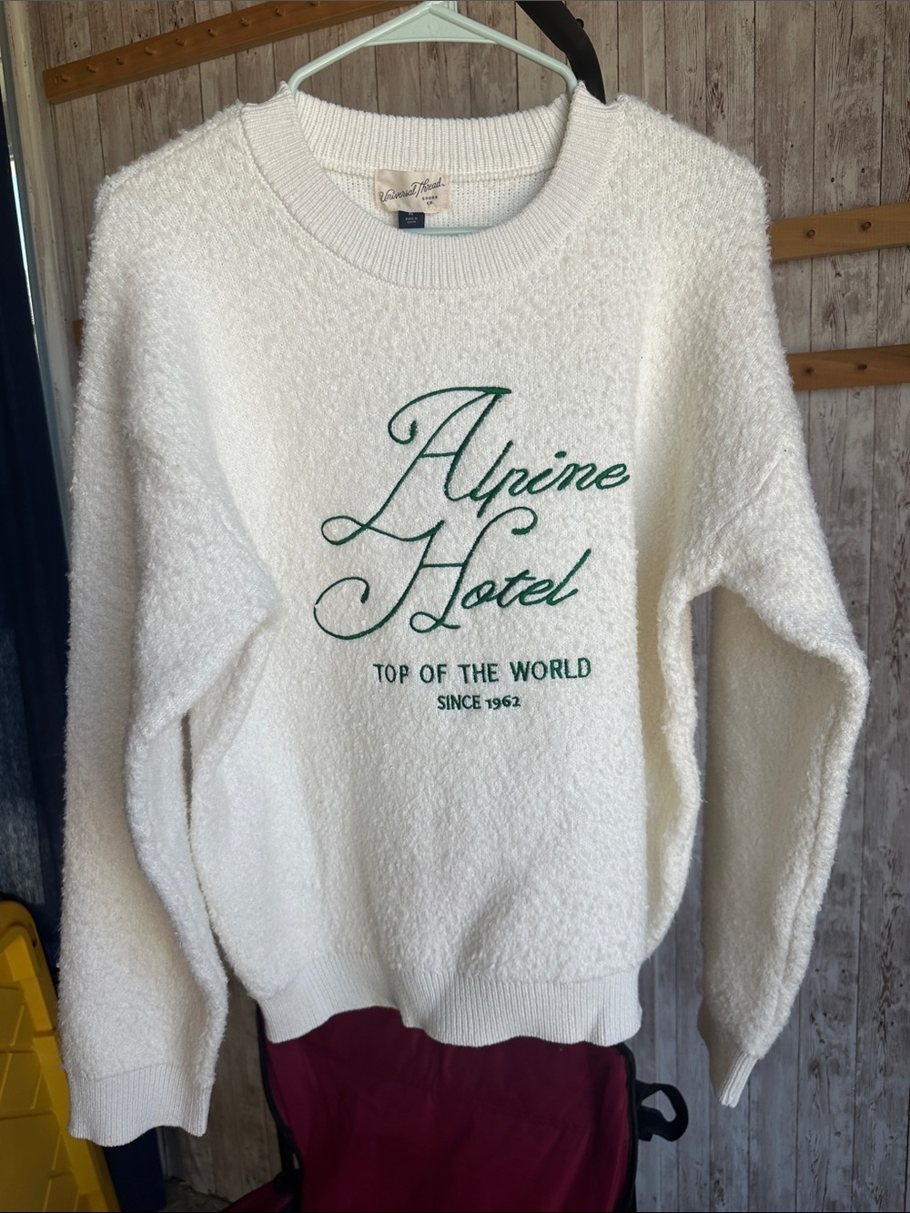 Universal Thread Cream Crewneck Sweater with Green Script Logo